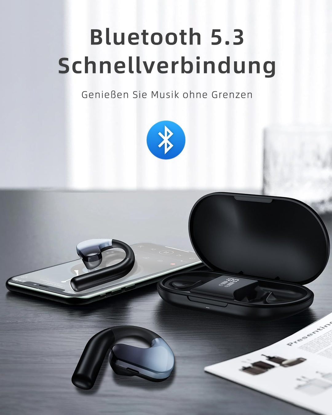 HIFI WALKER Open Ear Kopfhörer Kabellos Bluetooth 5.3, HiFi Stereo, 12H Musik & 8H Anruf, Sportkopfh
