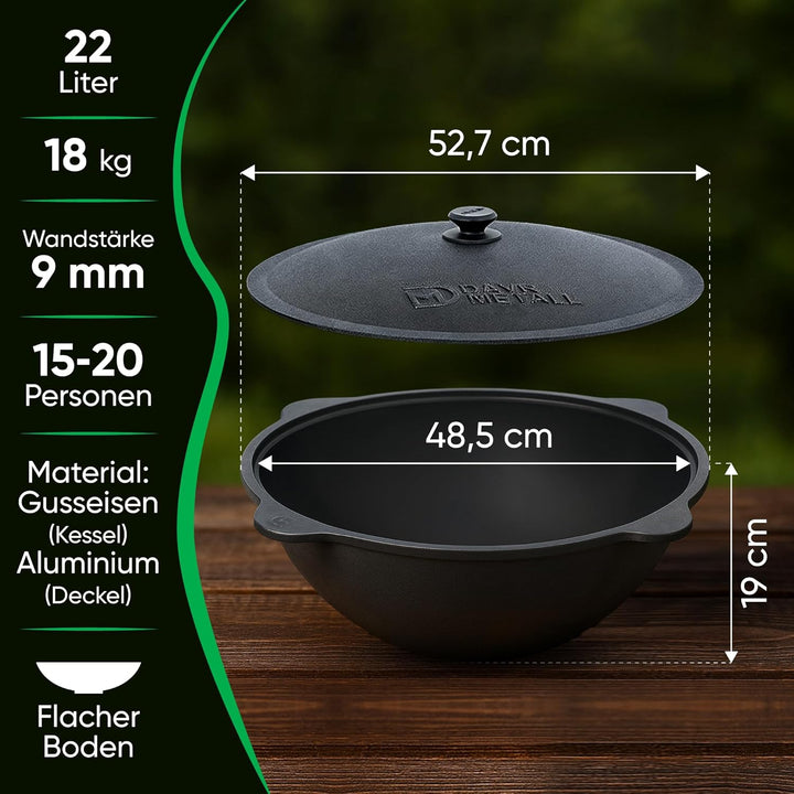 Utschak Feuerofen Ø 49 cm & Gusseisen-Kasan 22 L | Kazan-Set mit Deckel | Usbekischer Kochtopf für G