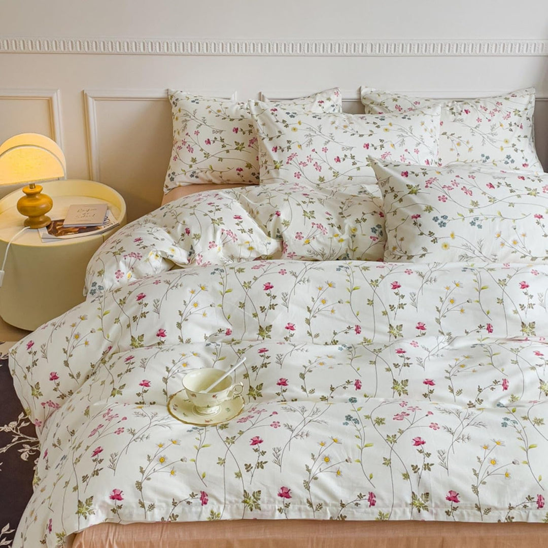 Freyamy Blumen Bettwäsche 135x200cm 2teilig Baumwolle Beige Rosa Bunt Floral Blätter Pflanzen Wende