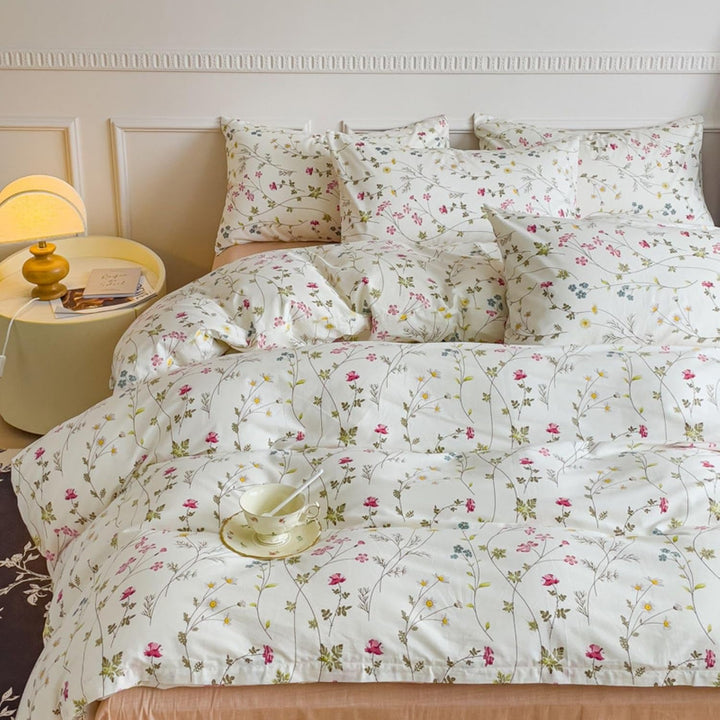 Freyamy Blumen Bettwäsche 135x200cm 2teilig Baumwolle Beige Rosa Bunt Floral Blätter Pflanzen Wende