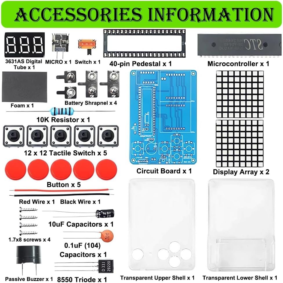 DIY Spielekonsole Löten Bausatz, DIY Spielkonsolen Handset mit Acrylgehäuse, Elektronik Lötübungsset
