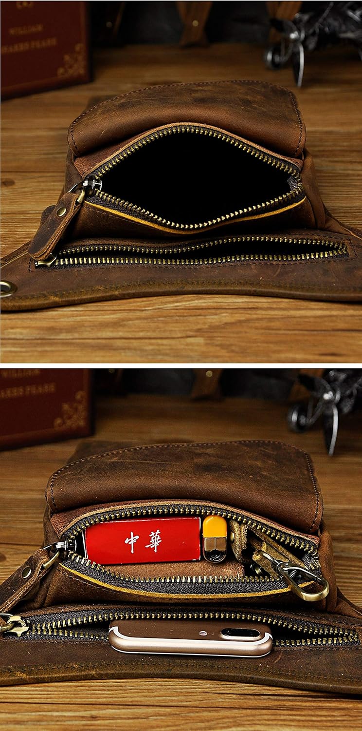 Le'aokuu Herren Echtes Leder Rucksäcke Beinbeutel Beintasche Hüfttasche Hip Bum Weist Pack Outdoor M