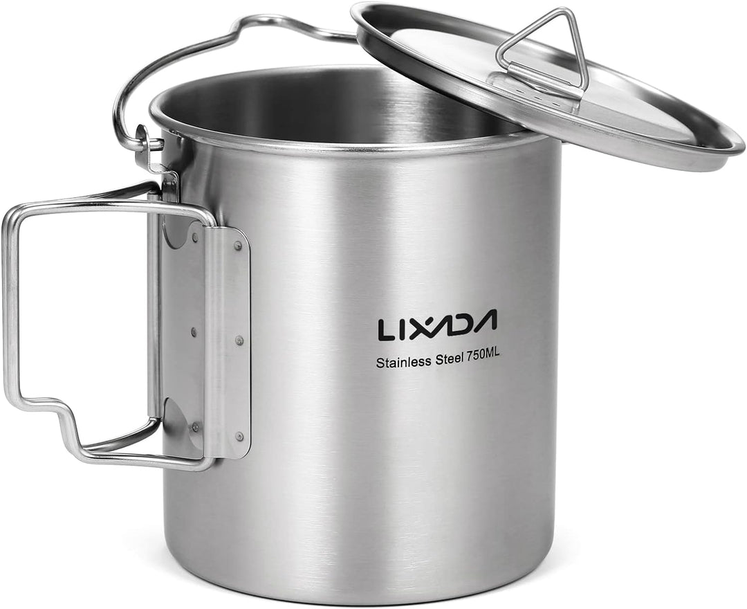 Lixada Camping Topf Edelstahl Titan Tasse Becher 750ml mit Faltbaren Griffe und Deckel Outdoor Tasse