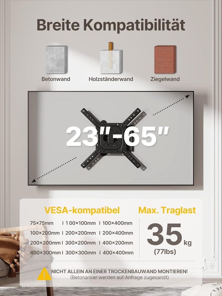 monTEK TV Wandhalterung für 23-65 Zoll Flach &amp; Curved Monitor bis zu 35kg, Schwenkbare und Neigbare