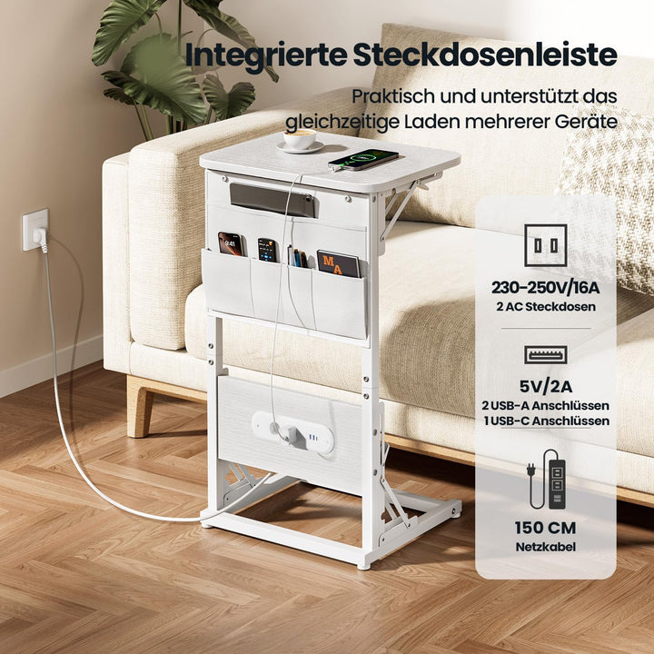 Beistelltisch C Form, Klappbarer Sofatisch mit Steckdosen, Höhenverstellbar Couchtisch mit Metallrah