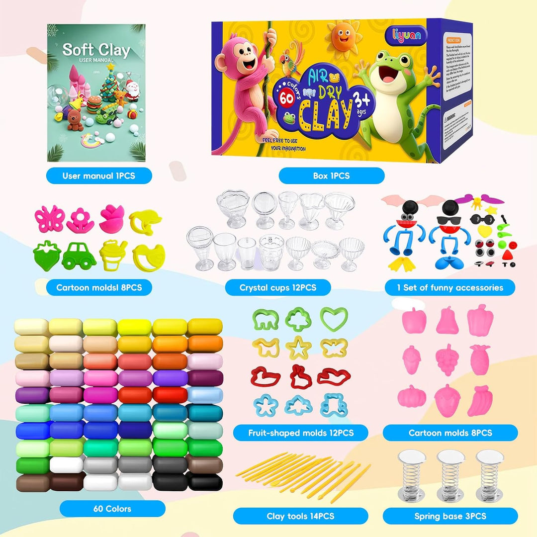 Flintronic Air Dry Clay Set, 60 Farben Clay Kit Modelliermasse Lufttrocknend mit Bildhauerwerkzeugen