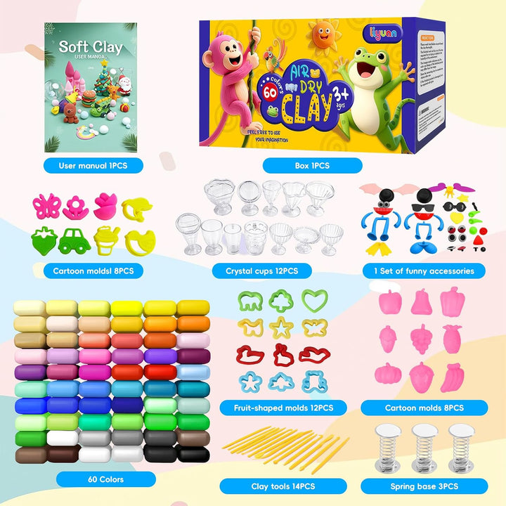 Flintronic Air Dry Clay Set, 60 Farben Clay Kit Modelliermasse Lufttrocknend mit Bildhauerwerkzeugen