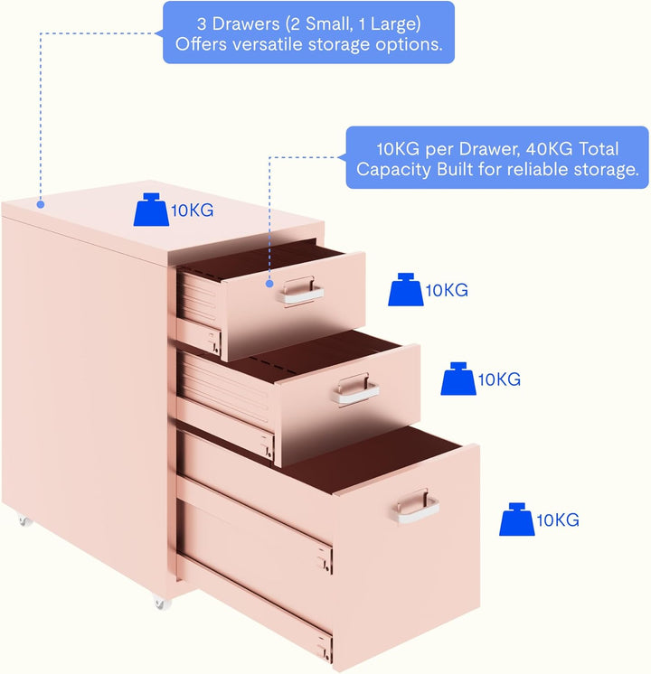 FLEXISPOT Rollcontainer Büroschrank mit 3 Schubladen, Aktenschrank Metallschrank Kommode mit Rädern,