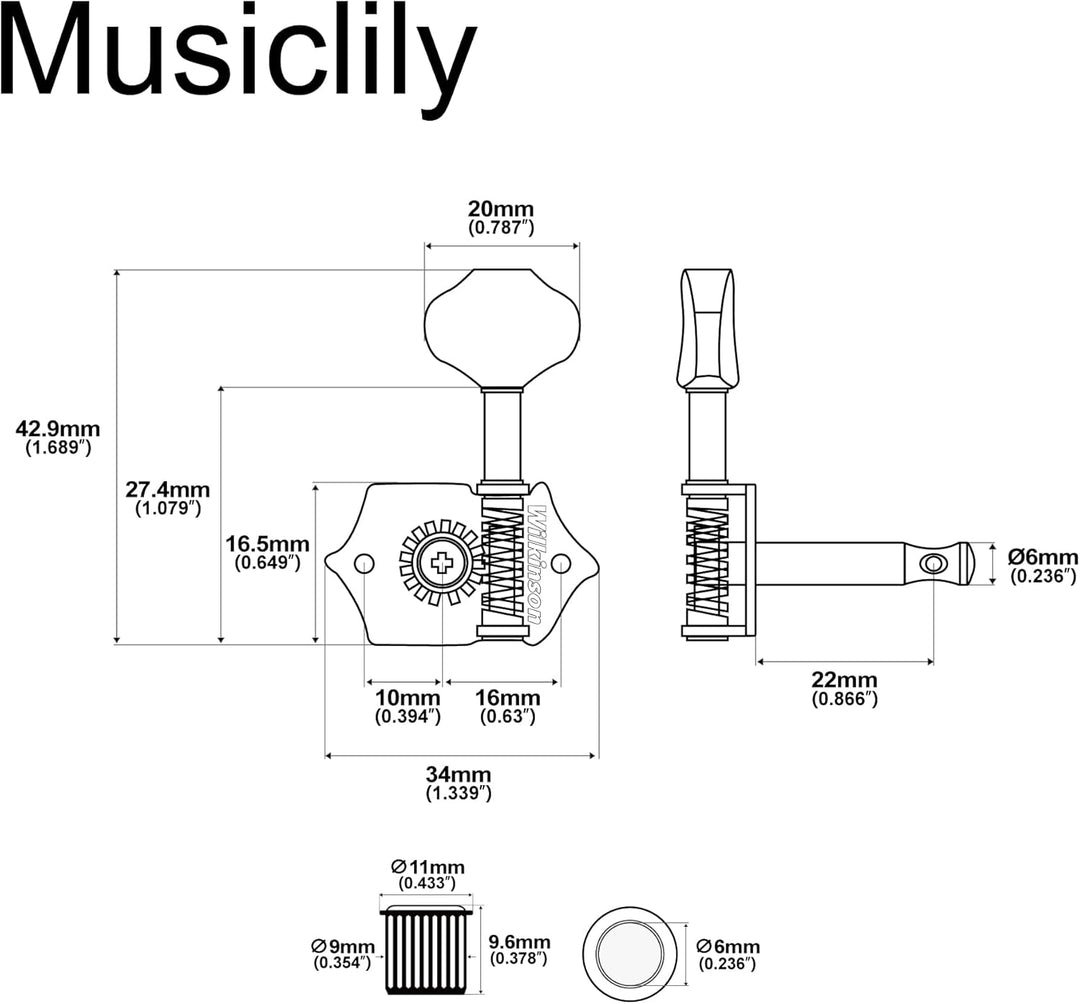 Wilkinson 3R3L Vintage Tuners Offen Mechaniken Set für Akustikgitarre/Westerngitarre, Chrom mit Butt