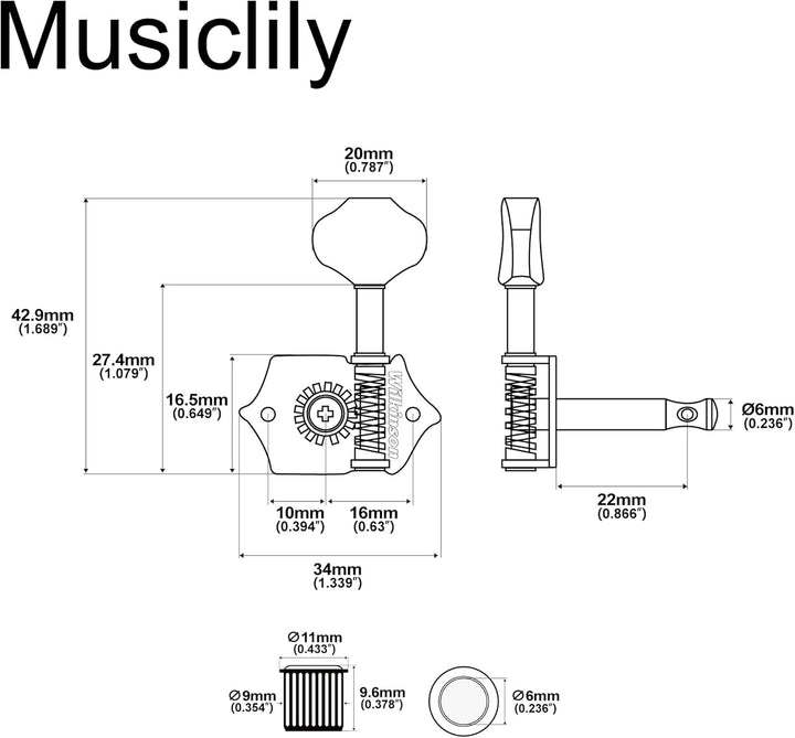 Wilkinson 3R3L Vintage Tuners Offen Mechaniken Set für Akustikgitarre/Westerngitarre, Chrom mit Butt