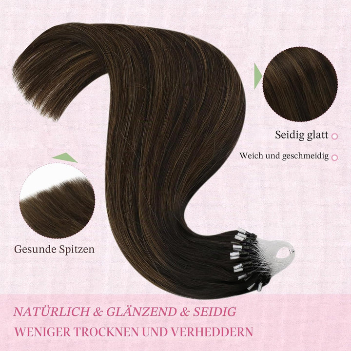 YoungSee Microring Extensions Echthaar Braun 40 cm Microring Hair Extensions Dunkelbraun Ombre Braun