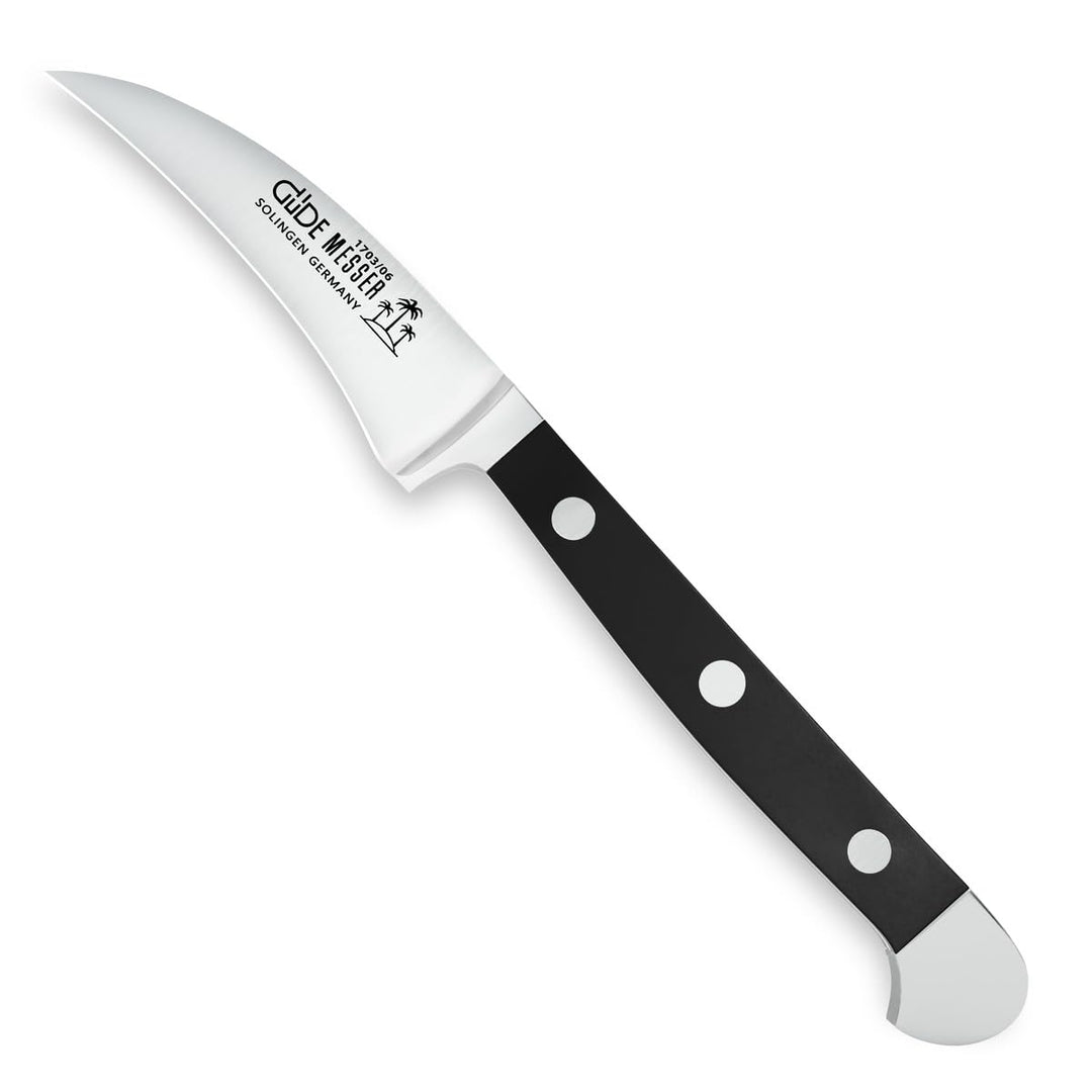 GÜDE Solingen - Schälmesser geschmiedet, 6 cm, POM schwarz, ALPHA, Tourniermesser, Doppelkropf, Hand