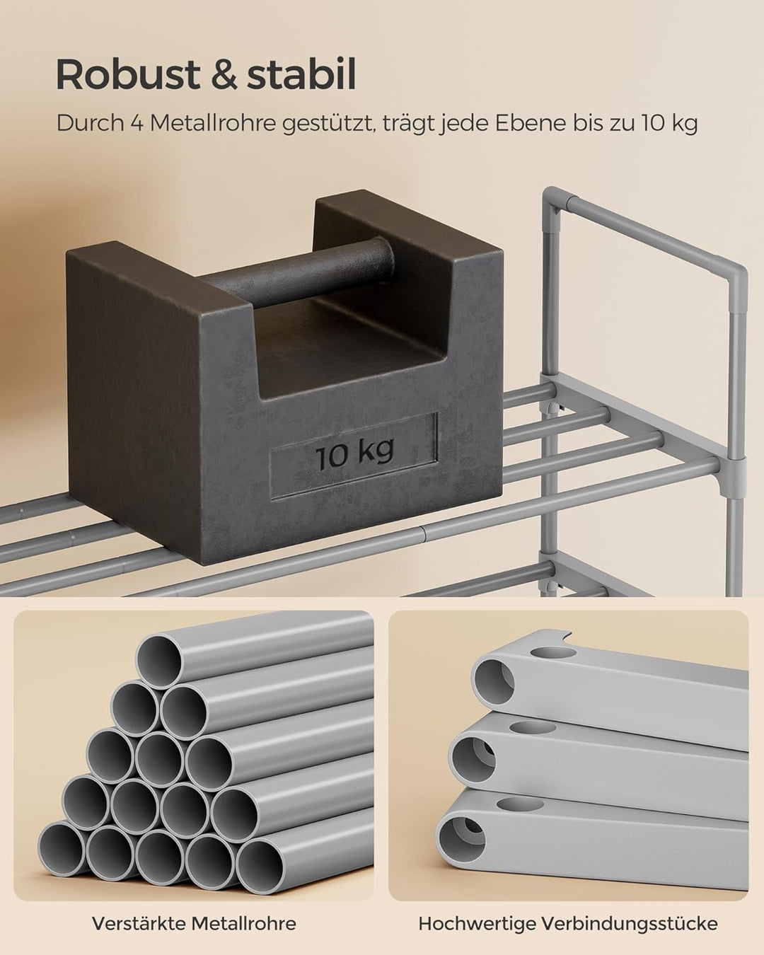 SONGMICS Schuhregal 2 Ebenen, Schuhständer Metall, Schuhaufbewahrung, Schuh-Organizer, aufrecht oder