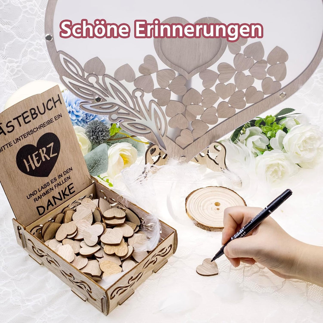 Gästebuch Hochzeit Holz,Gästebuch Hochzeit,Hochzeitsgästebuch mit 100 Holzherzen für Hochzeitsfeiern