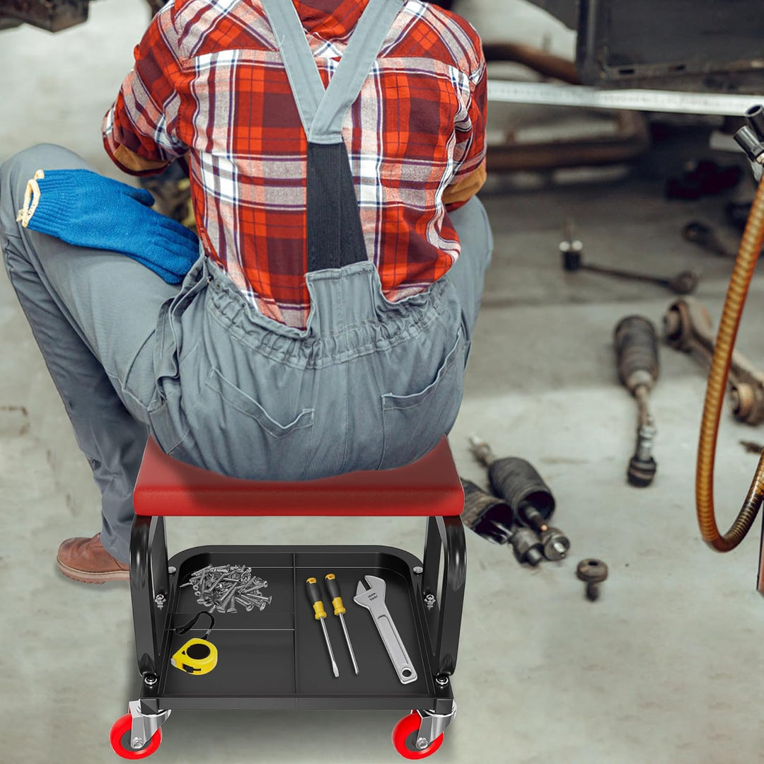 Aufun Werkstatthocker mit Rollen, Werkstatt Rollsitz 150kg belastbar, Arbeitshocker mit Ablage, 4 be