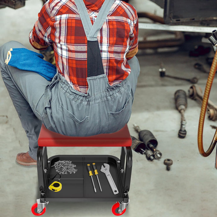 Aufun Werkstatthocker mit Rollen, Werkstatt Rollsitz 150kg belastbar, Arbeitshocker mit Ablage, 4 be