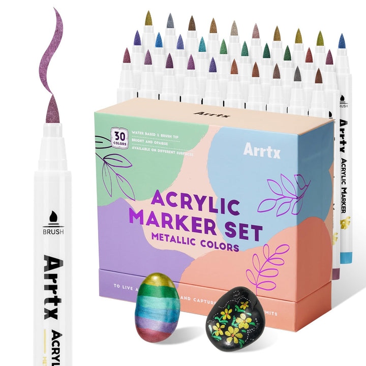 Arrtx Metallic-Acrylfarbstifte, 30 Farben wasserfeste Acrylmarker zum Bemalen von Steinen, Keramik,