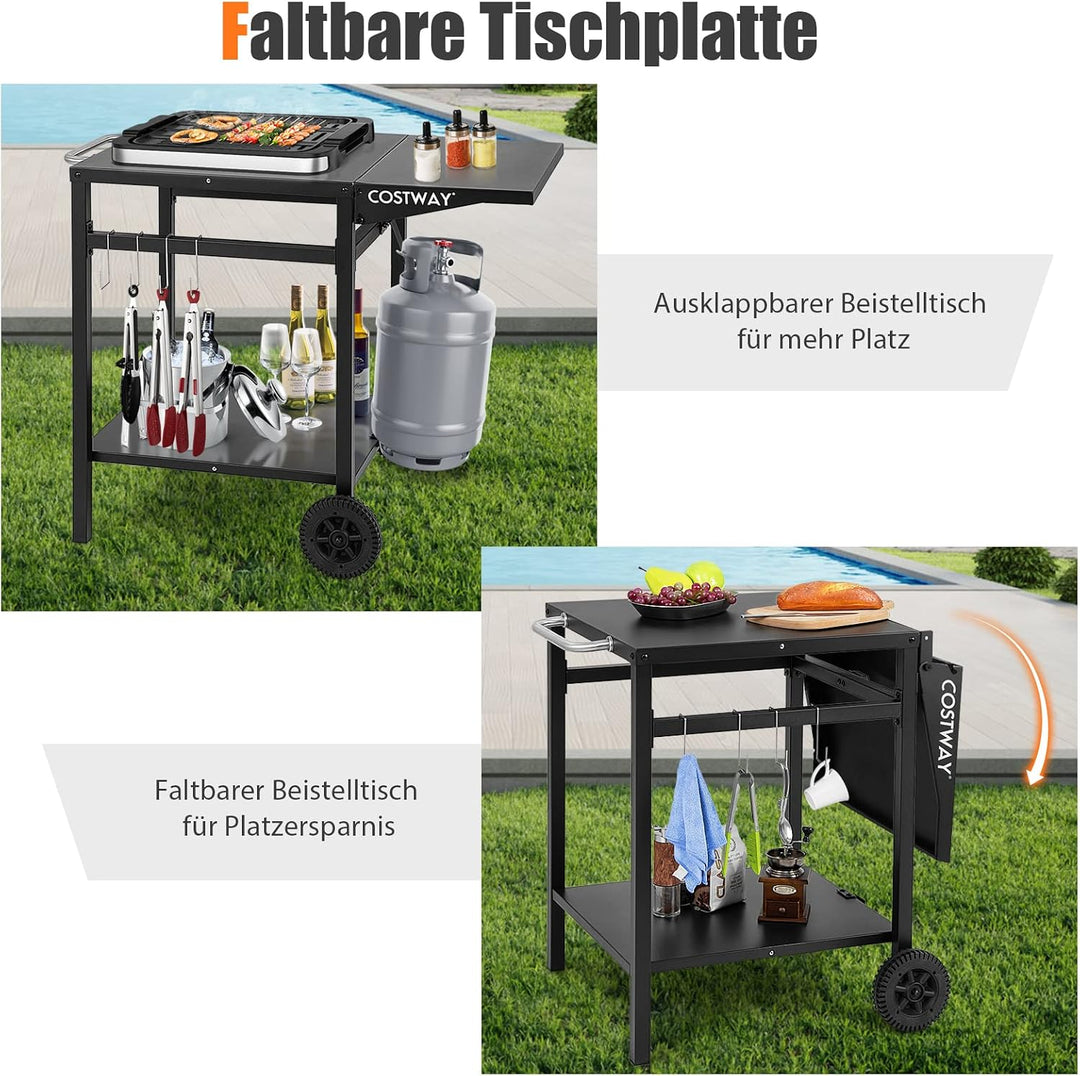 COSTWAY Grilltisch mit klappbarer Tischplatte, Beweglicher Campingtisch mit 2 Ablagen &amp; 4 Haken, Met