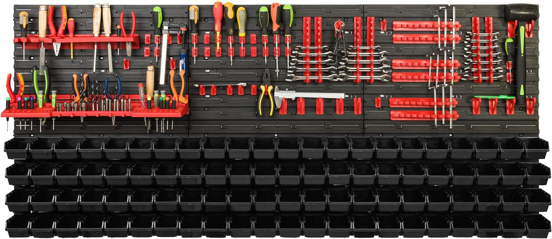 Lagersystem Werkstattregal | 172 x 78 cm | 88 stck. Box | Wandregal mit Werkzeughalterungen und Stap