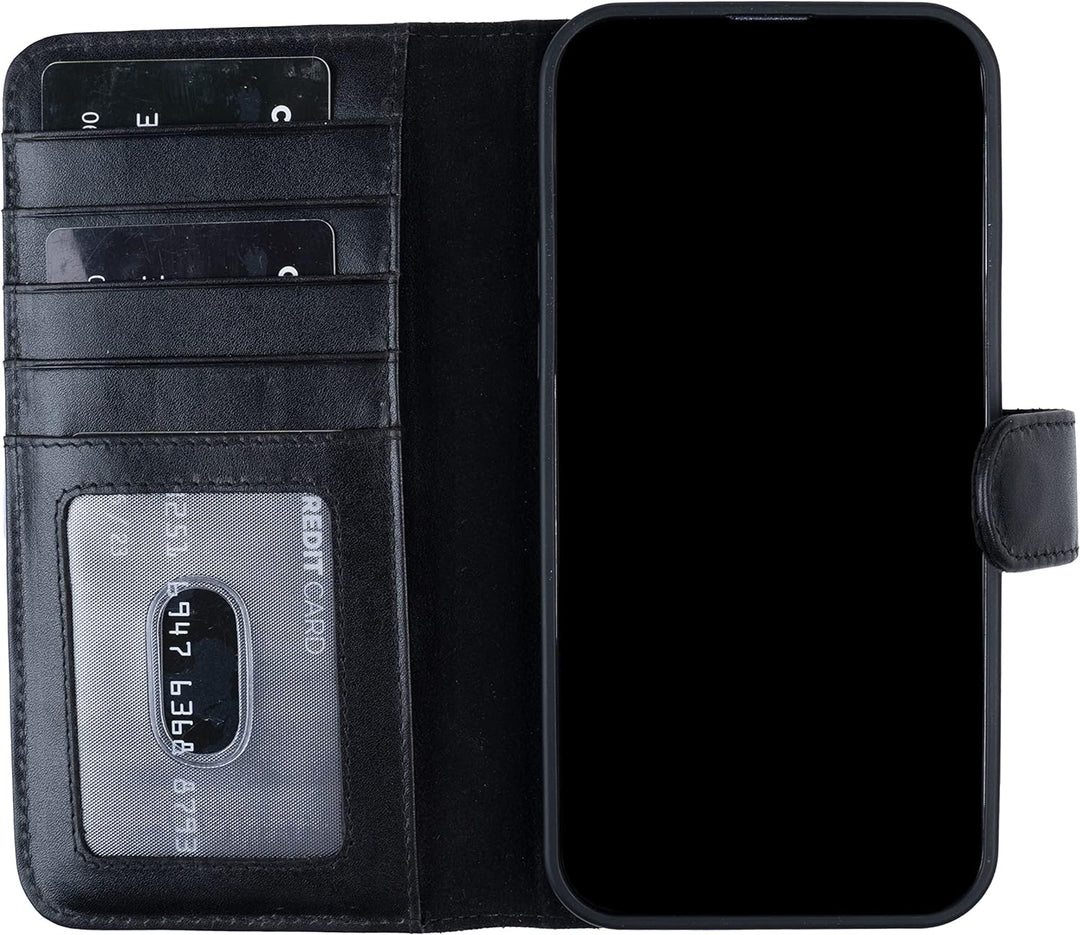 HANS/SON Klappbare Echtlederhülle in Schwarz | iPhone 14 Pro Max Ledercase mit Kartenfächern | Leder