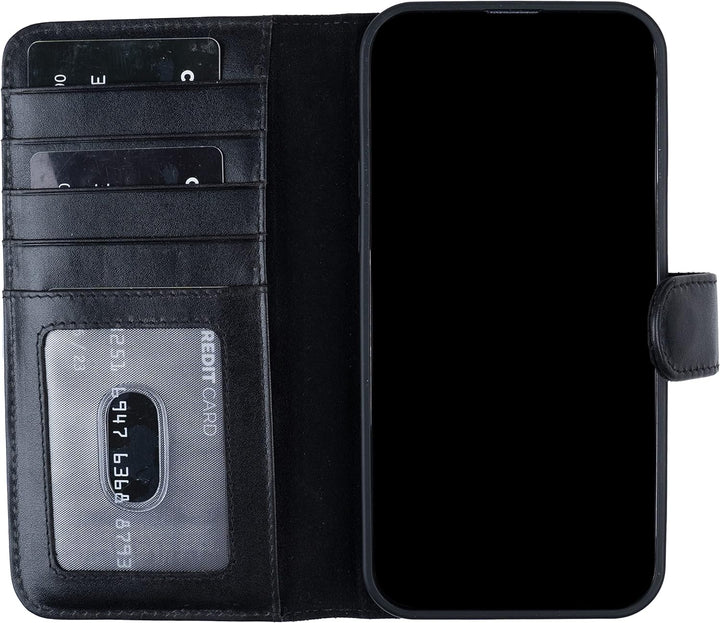 HANS/SON Klappbare Echtlederhülle in Schwarz | iPhone 14 Pro Max Ledercase mit Kartenfächern | Leder