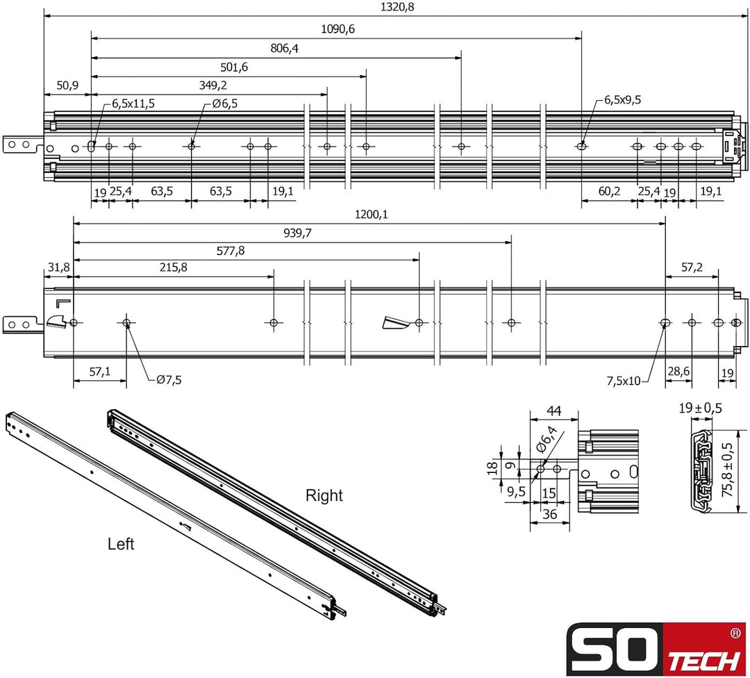 1 Paar SOTECH Schwerlastauszüge VarioSlide KV2-200-H76-L1300-EH 1320,8 mm mit Lock-in/out Einrastfun