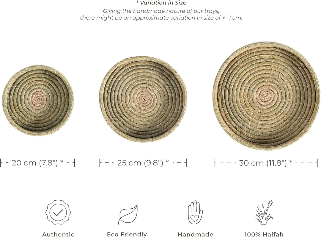 Darido Set von 3 Rund Halfa Trays Handmade - 30x30x10 CM Natural Authentic Halfa Gras - Tray für Bad