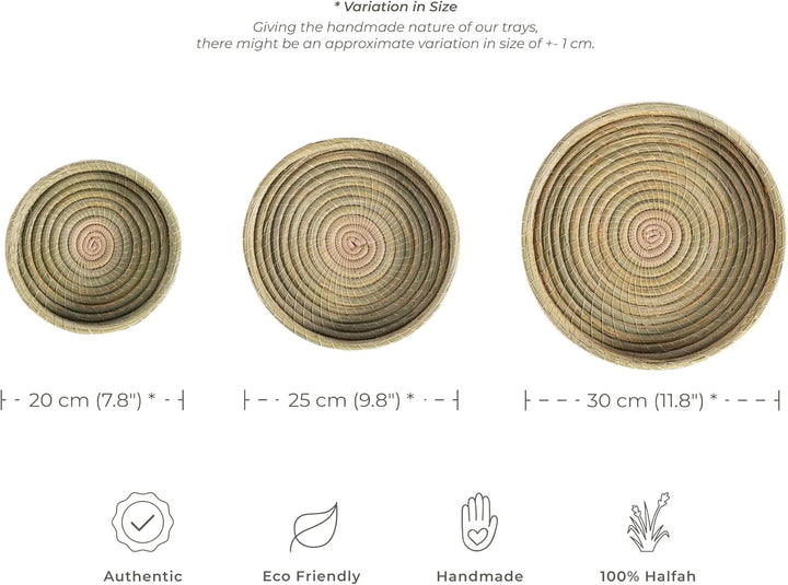 Darido Set von 3 Rund Halfa Trays Handmade - 30x30x10 CM Natural Authentic Halfa Gras - Tray für Bad