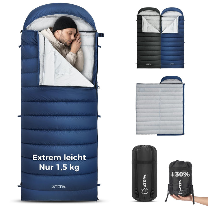 ATEPA Ultraleichter Daunenschlafsack 650/700FP, 3-Jahreszeiten (12°C / 6°C / -1°C), Leicht &amp; Kompakt
