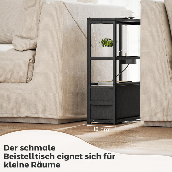 HOMCOM Beistelltisch schmal mit Steckdosenleiste USB &amp; Type-C, Nachttisch mit 2 Ablage, Stoffschubla