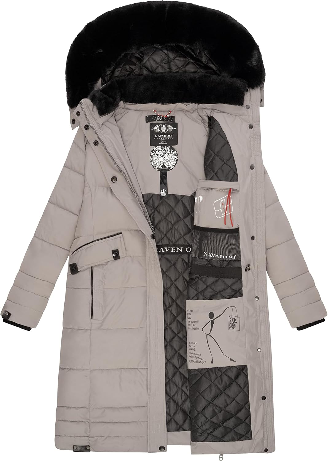 Navahoo Damen Wintermantel Warmer Steppmantel lang mit Abnehmbarer Kapuze Fahmiyaa XS-3XL XS Zinc Gr