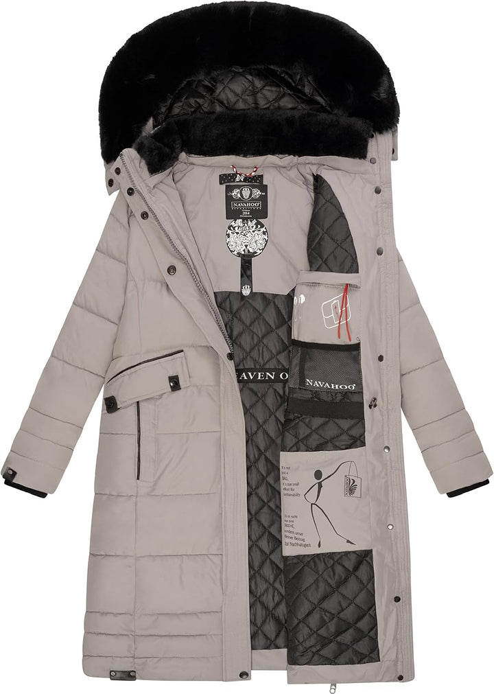 Navahoo Damen Wintermantel Warmer Steppmantel lang mit Abnehmbarer Kapuze Fahmiyaa XS-3XL XS Zinc Gr