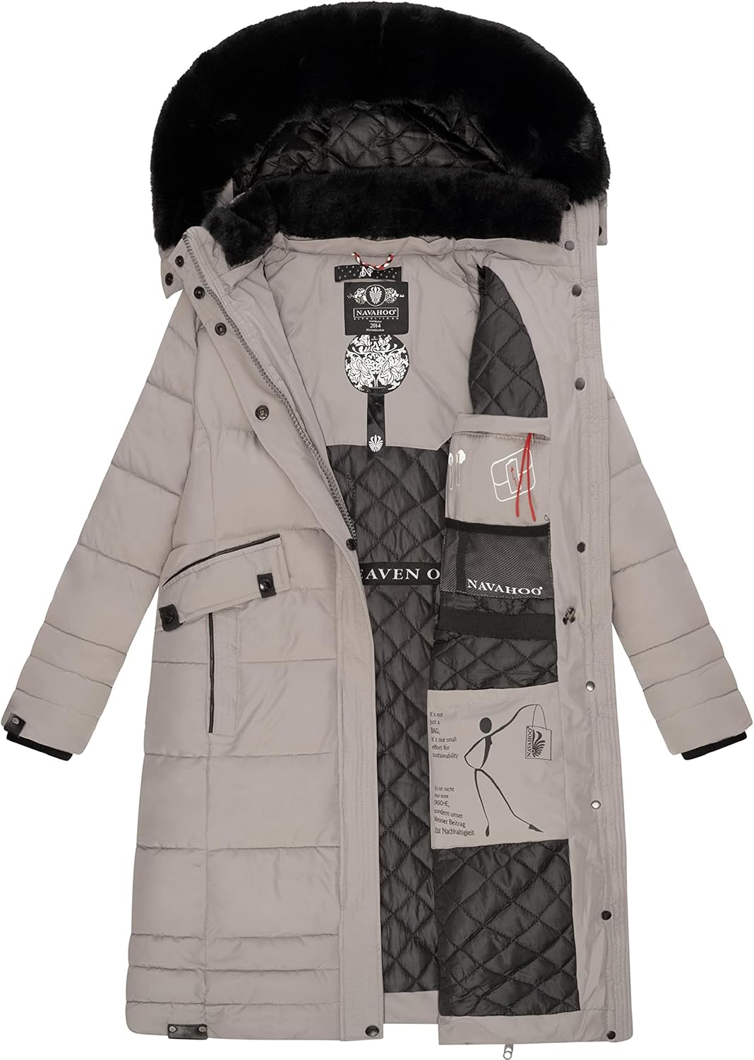 Navahoo Damen Wintermantel Warmer Steppmantel lang mit Abnehmbarer Kapuze Fahmiyaa XS-3XL L Zinc Gre