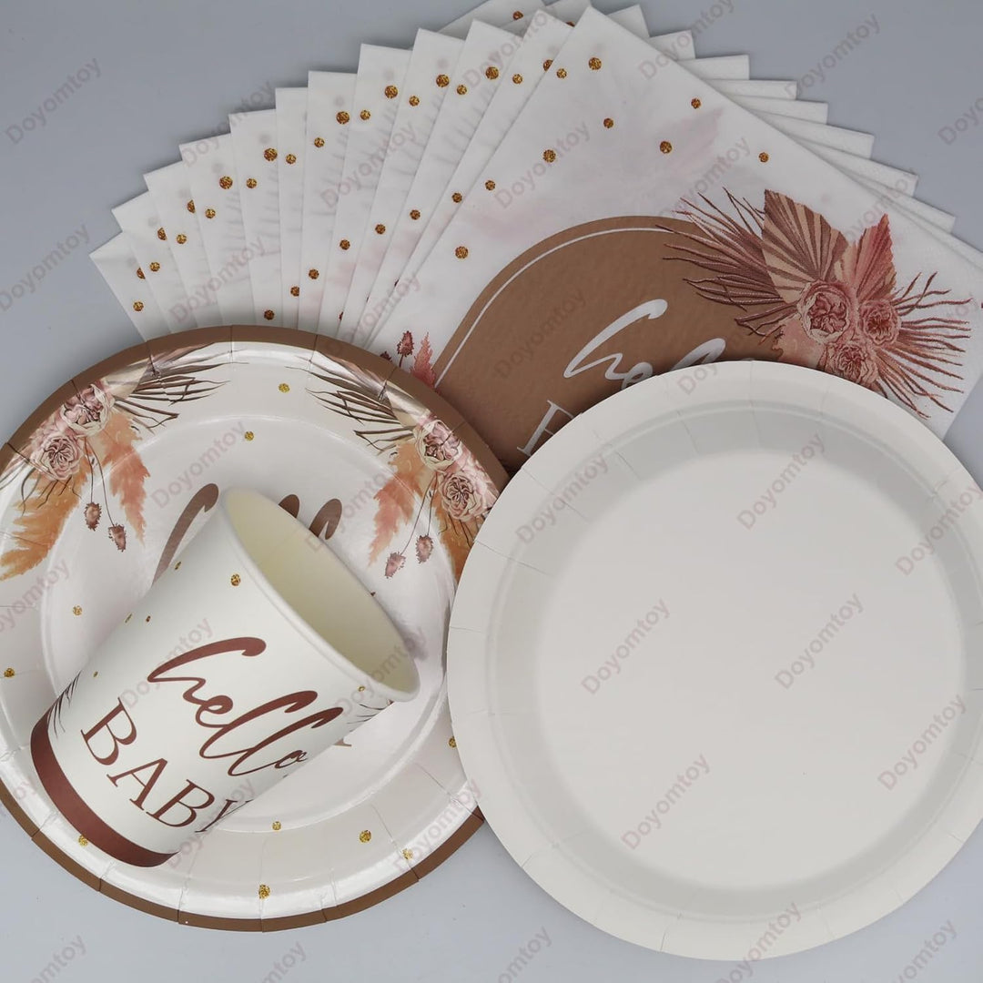Doyomtoy Boho Baby Shower Partygeschirr,61Stück Baby Shower Papiergeschirr Set - Pappteller Papiertü