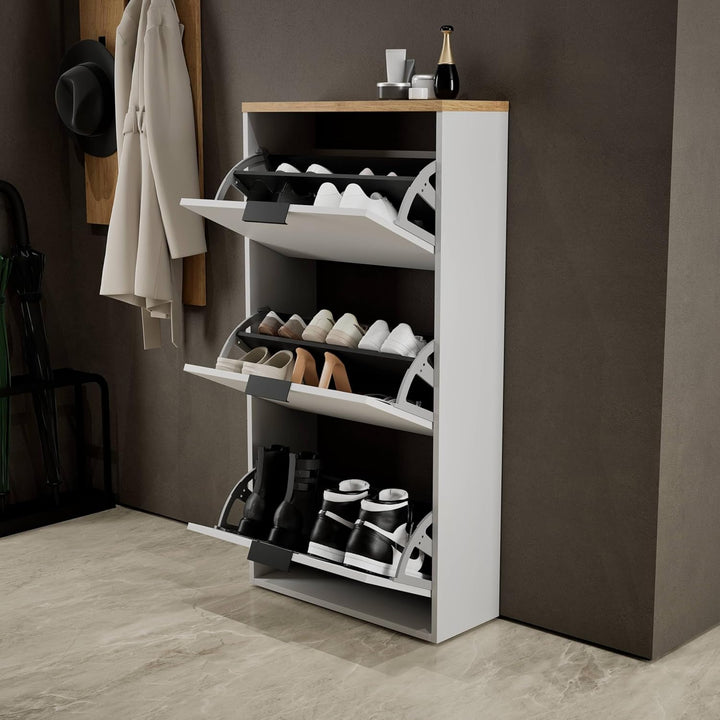 Planetmöbel Schuhschrank schmal mit 3 Klappen platzsparender Schuhregal mit 6 Ablagen, Schuhkommode