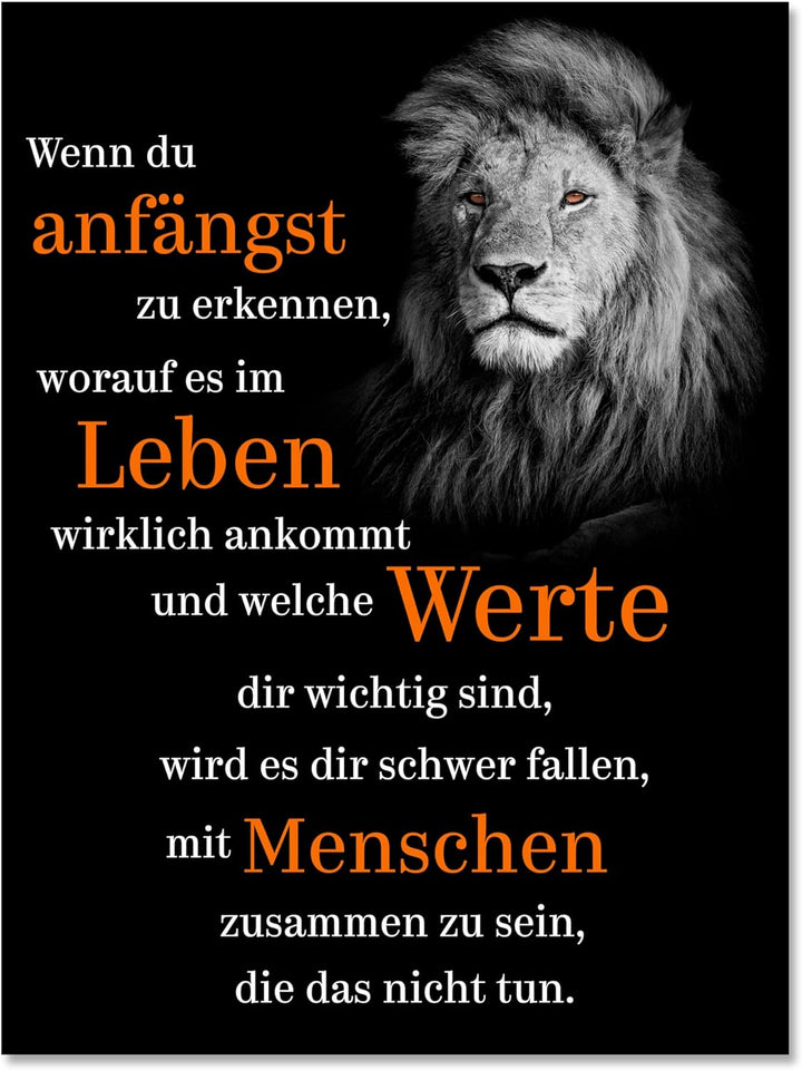 wandmotiv24 Motivations Motiv als Leinwandbild, 100x75cm, Hochformat, welche Werte, Löwe, Orange, Sc