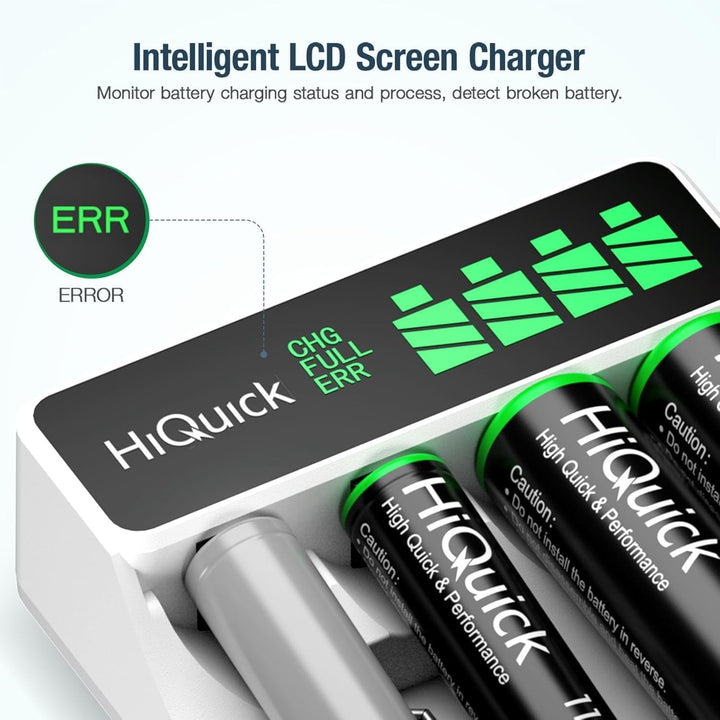 HiQuick Akku Ladegerät, mit LCD Anzeige, für NI-MH NI-CD AA/AAA Akkus, 4-Ladeplatz Universal Schnell