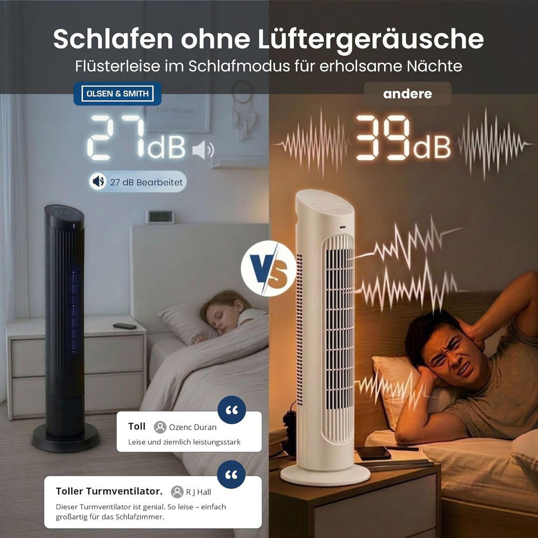 Olsen & Smith Turmventilator mit Fernbedienung | Leiser 27-dB-Ventilator fürs Schlafzimmer | 91 cm (
