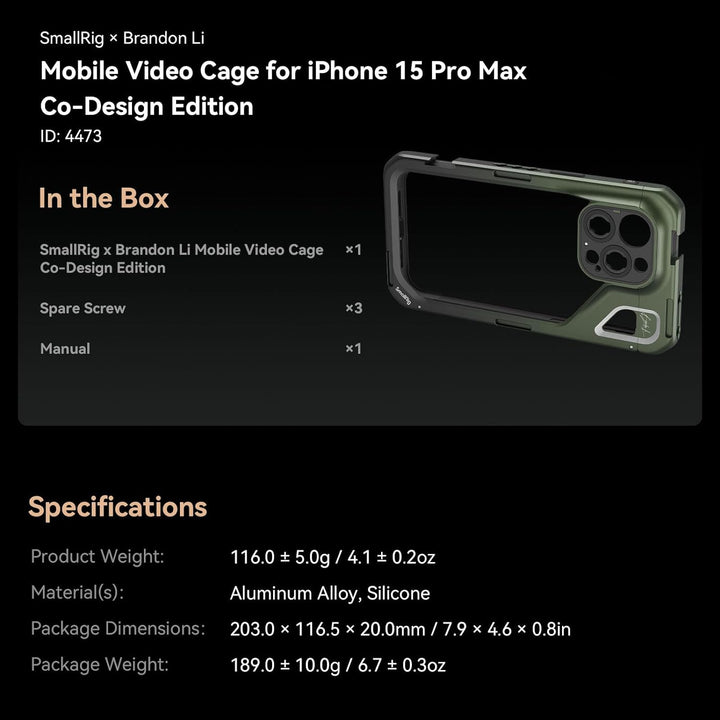 SMALLRIG x Brandon Li Mobiler Videokäfig für iPhone 15 Pro Max Co-Design Edition, Smartphone-Videokä