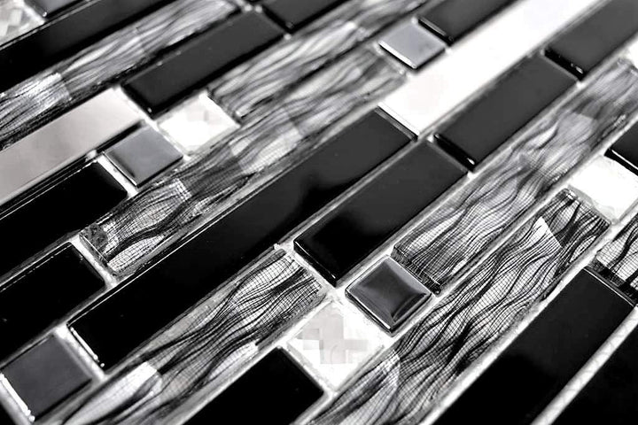 Mosaik Fliese Edelstahl schwarz Stäbchen Glasmosaik Crystal für WAND BAD DUSCHE KÜCHE FLIESENSPIEGEL