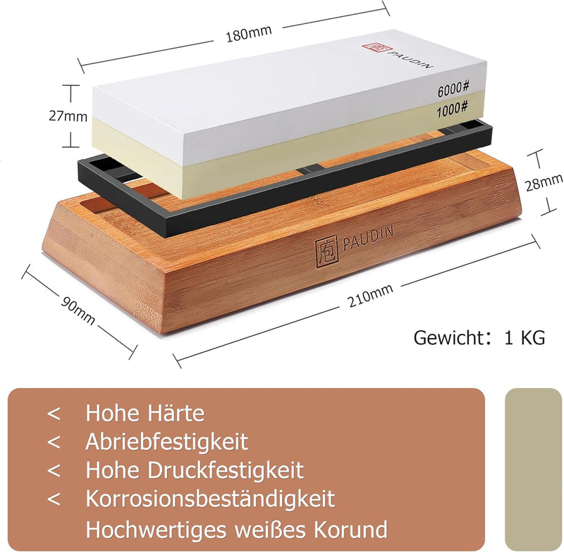 PAUDIN Premium Whetstone Messerschärfstein 2 Seiten Körnung 1000/6000 Wasserstein- Whetstone Messers