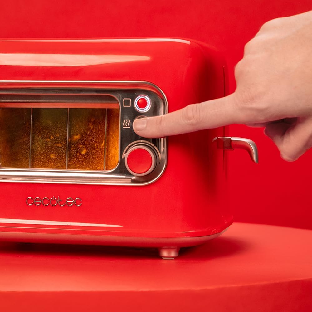 Cecotec Vertikaler Toaster RetroVision Red, 700W Leistung, 2 Extra-breite Schlitze, Einzigartiges An