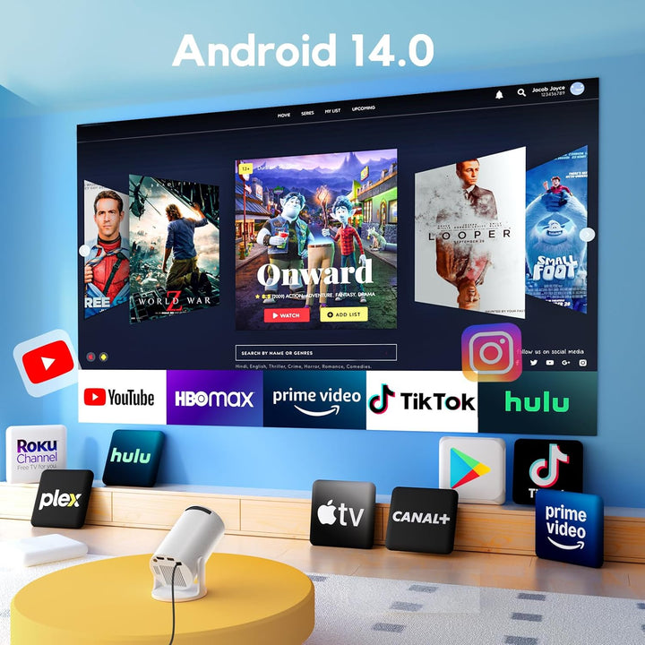 Mini Beamer Unterstützt 1080P [Android 11 & Auto Trapezkorrektur] AKIYO O2 Smart Projektor mit WiFi