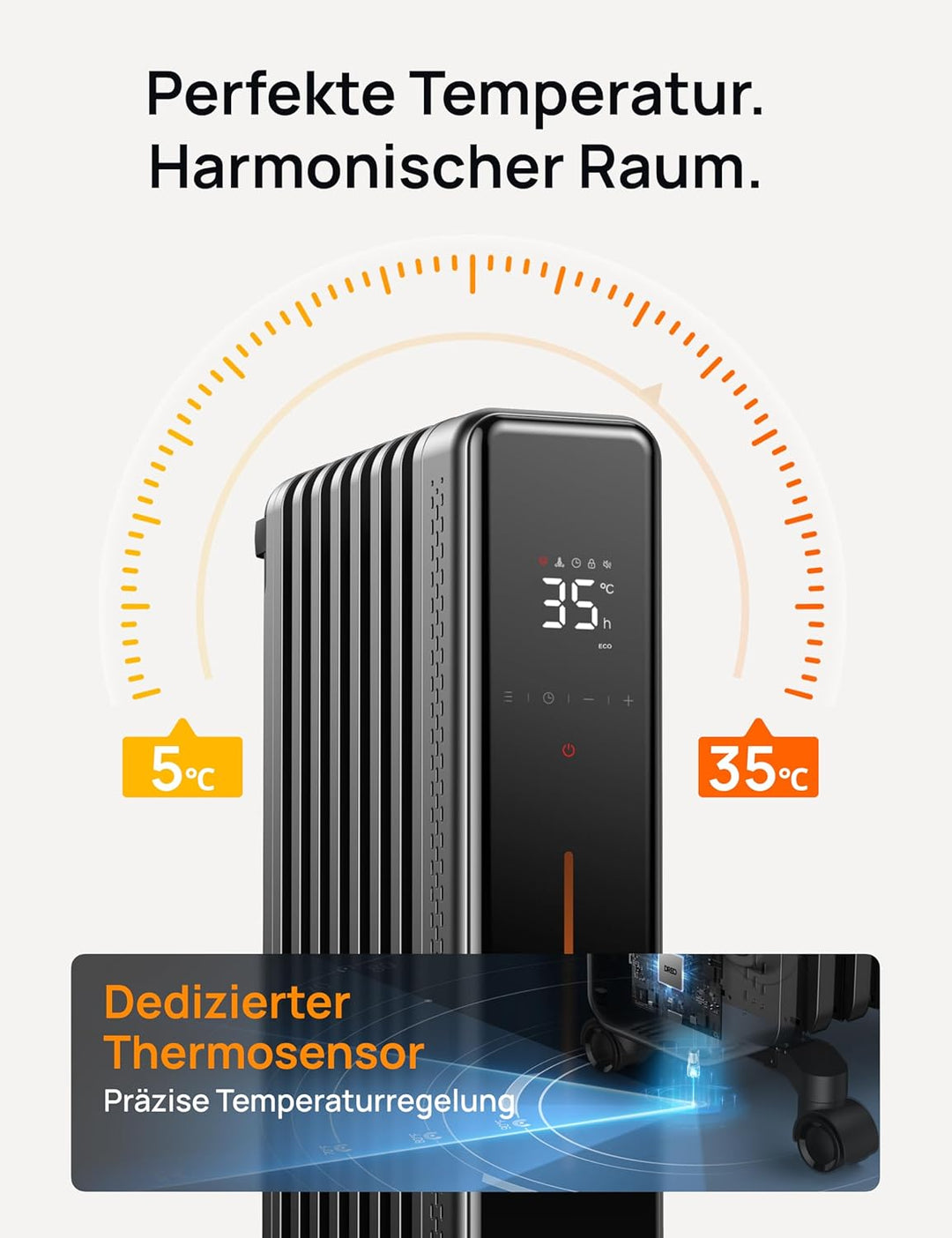 Dreo Ölradiator Energiesparend, 2000W Elektroheizung mit 9 Rippen, 3 Heizstufen, 4 Modi, 24h Timer,