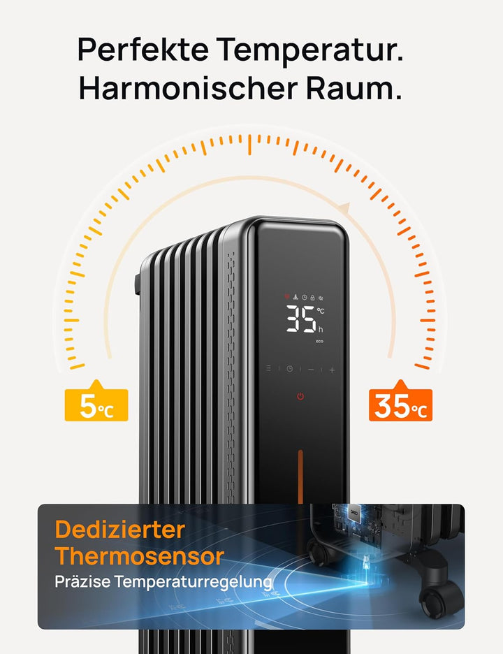 Dreo Ölradiator Energiesparend, 2000W Elektroheizung mit 9 Rippen, 3 Heizstufen, 4 Modi, 24h Timer,