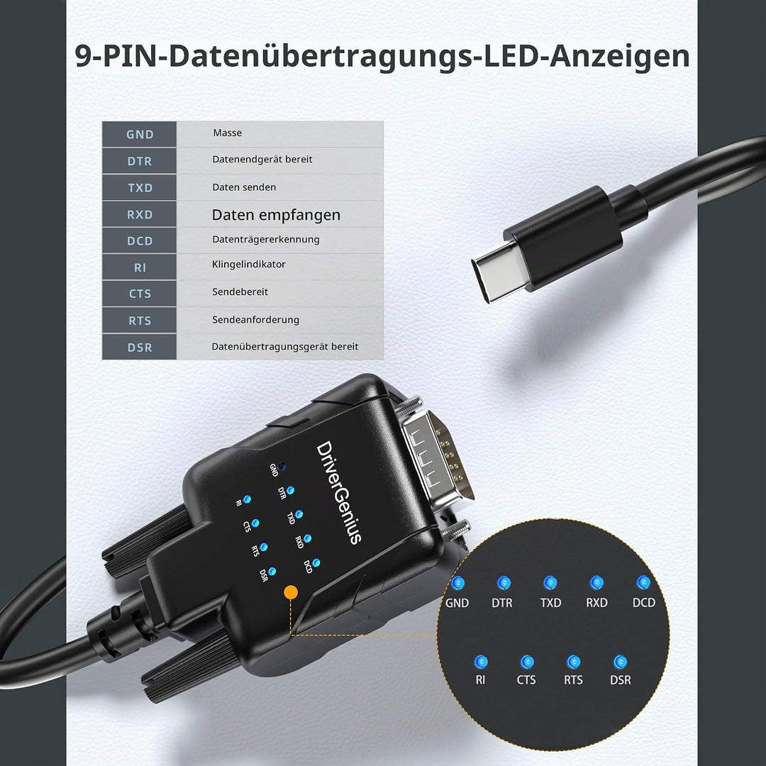 DriverGenius 1-Port USB-C zu Seriell RS232-(DB9) Adapter Konverter Compatibel mit Windows 11, macOS