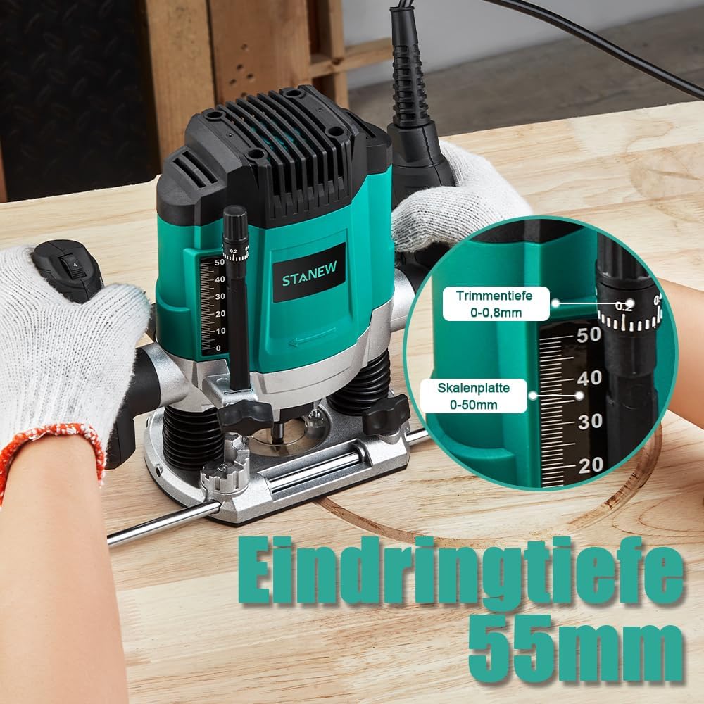 STANEW Oberfräse (1200 W, 6 Geschwindigkeiten 16000-30000 U/min, Ø 6 und 8 mm), Professional Vertica