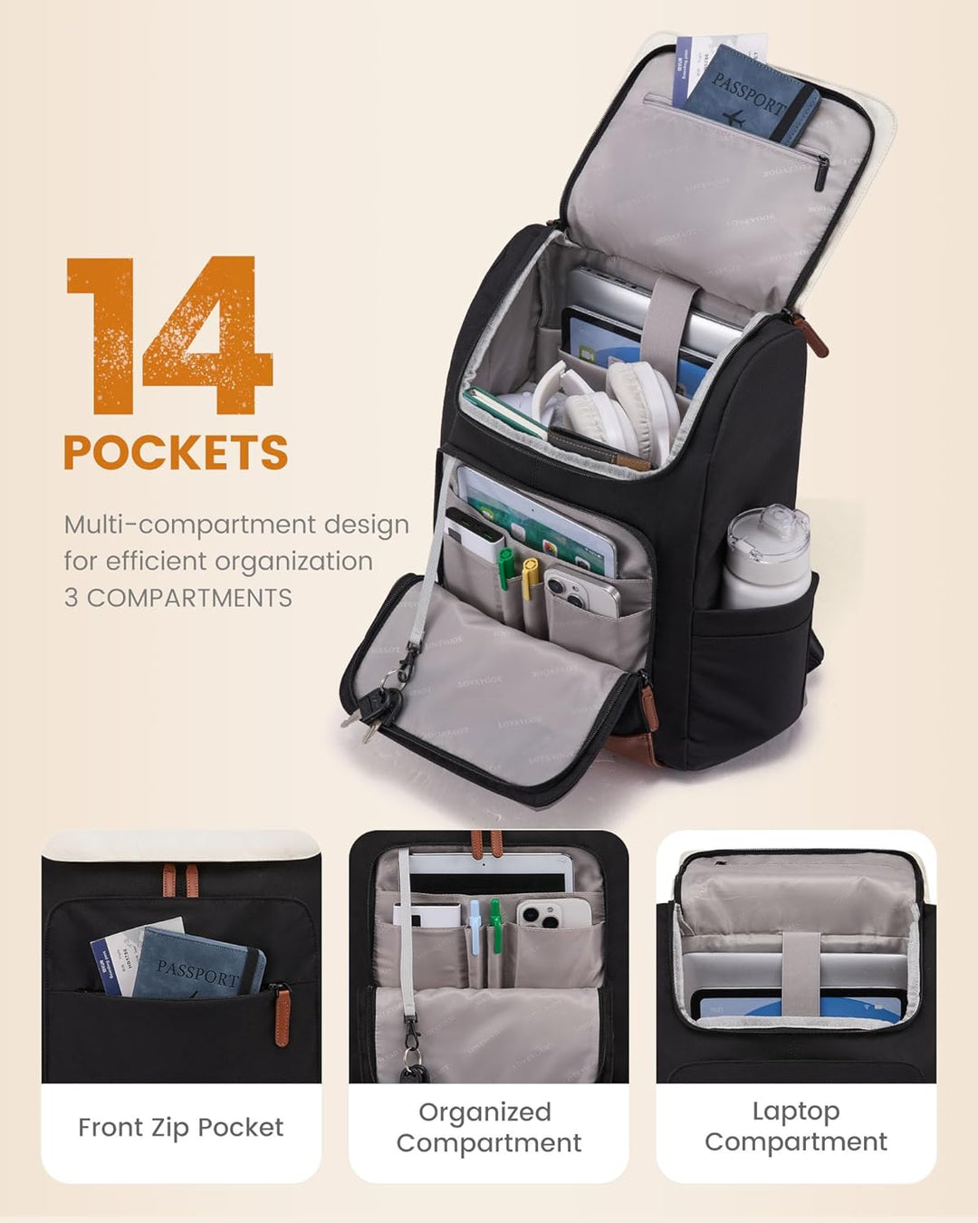 LOVEVOOK Rucksack Damen, 15,6 Zoll Laptop Schulrucksack Teenager Beige Khaki 15.6", Beige Khaki 15.6