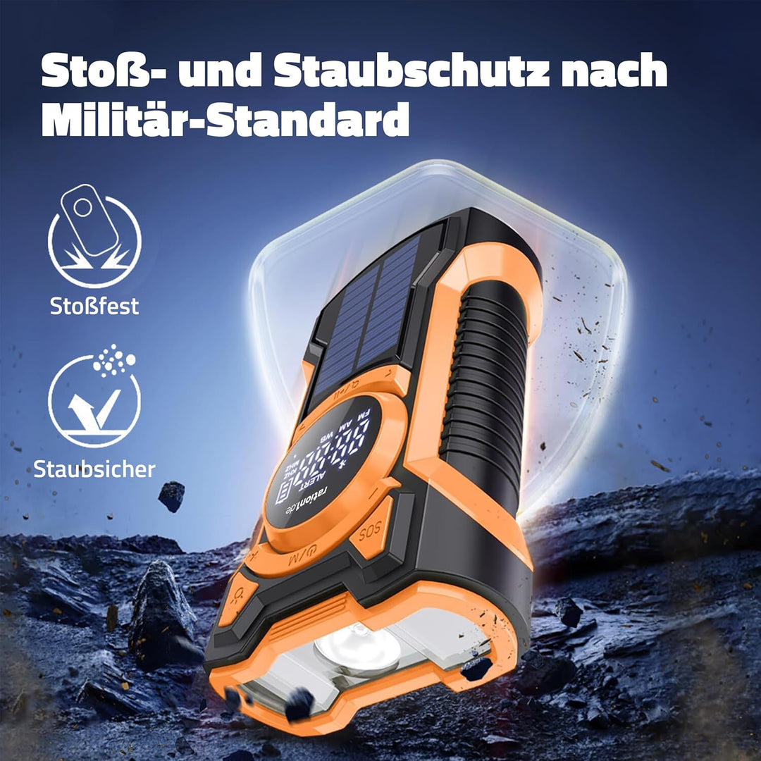 ration1 Kurbelradio mit Solar und Powerbank – Notfallradio mit 5000 mAh, Bluetooth, SOS-Alarm & LED