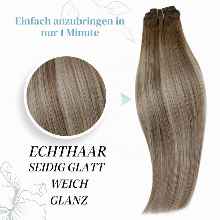 RUNATURE Clip in Echthaar Extensions Balayage Dunkelbraun bis Braun mit Blond Echthaar Clip in Exten